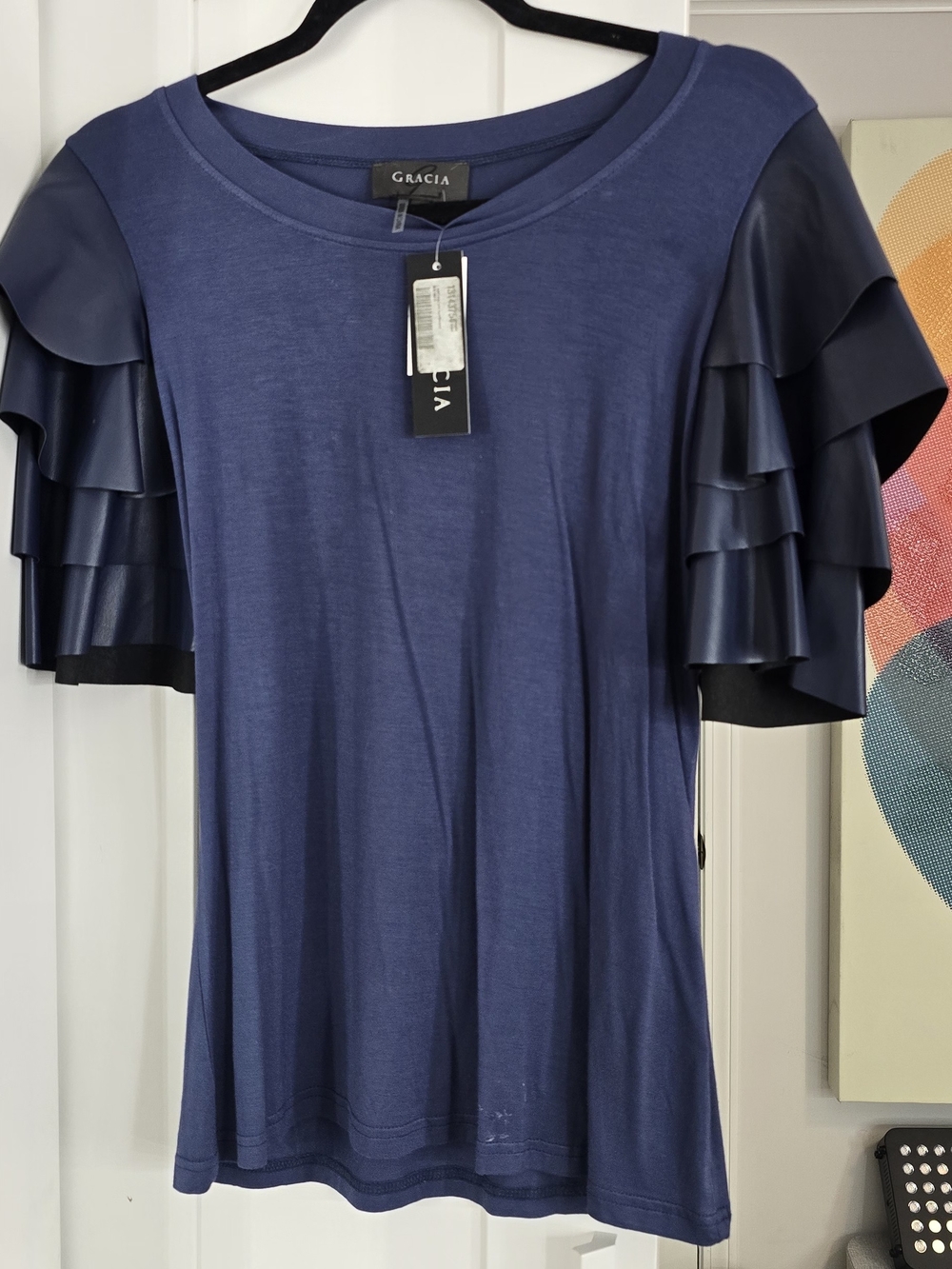 Gracia Navy Short Sleeve Ruffle-Sleeve Tee